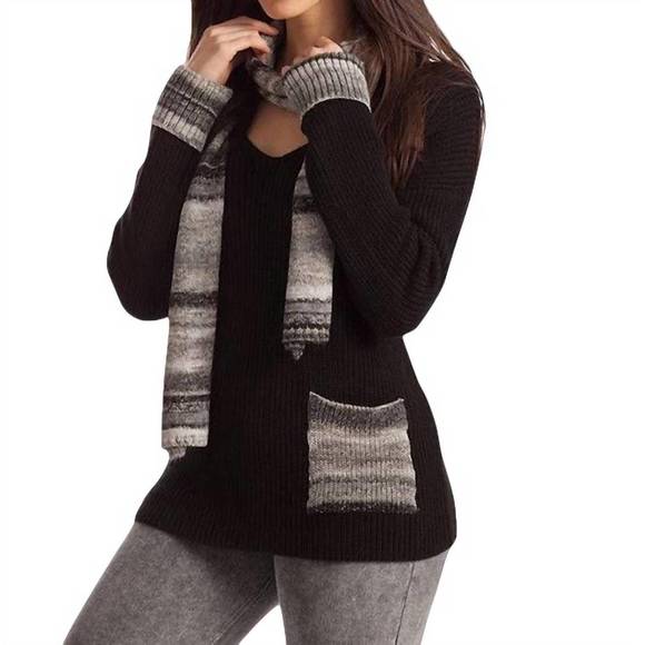 NEW FRENCH KYSS emilia ribbed v-neck w/ scarf in black multi - Picture 1 of 2